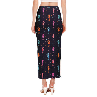 Colorful Seahorse Pattern Print Side Slit Maxi Skirt