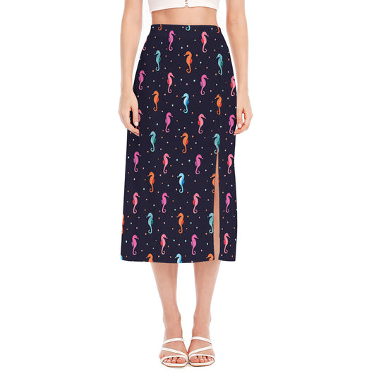 Colorful Seahorse Pattern Print Side Slit Midi Skirt