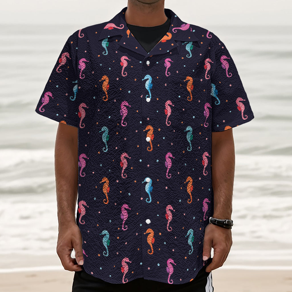 Colorful Seahorse Pattern Print Textured Short Sleeve Shirt