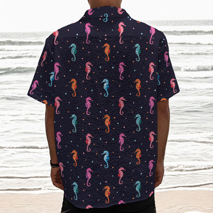 Colorful Seahorse Pattern Print Textured Short Sleeve Shirt