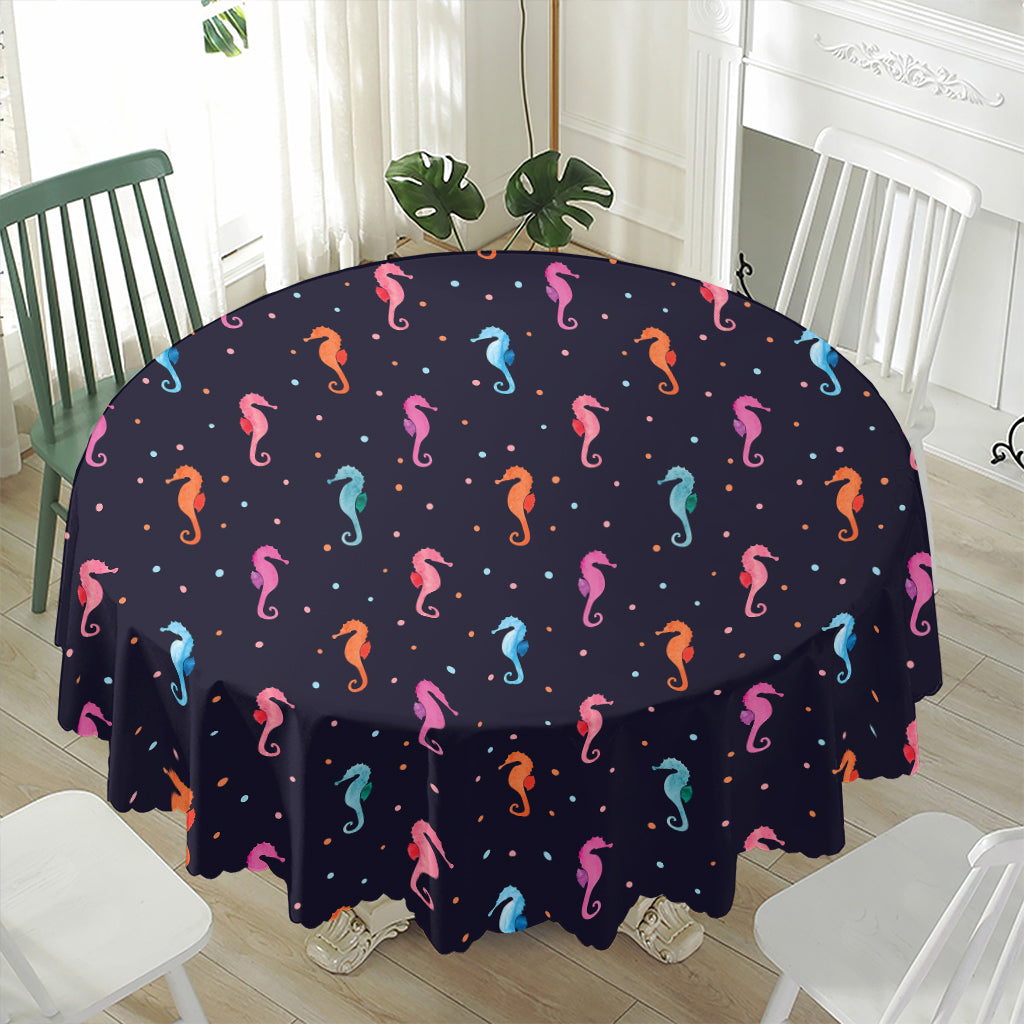 Colorful Seahorse Pattern Print Waterproof Round Tablecloth