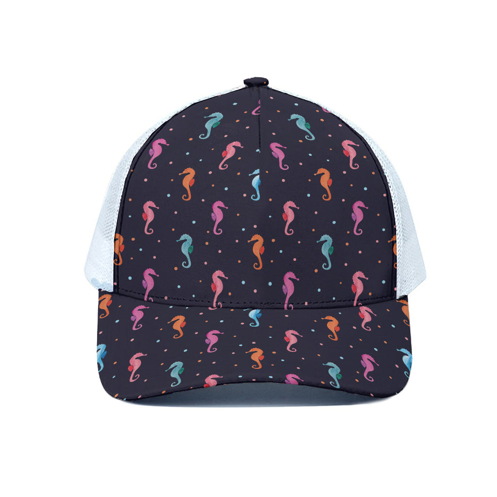 Colorful Seahorse Pattern Print White Mesh Trucker Cap