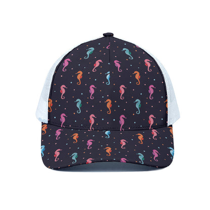 Colorful Seahorse Pattern Print White Mesh Trucker Cap