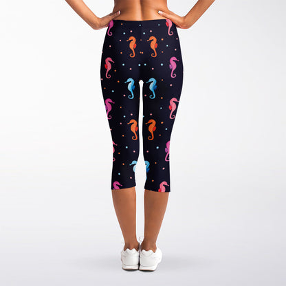 Colorful Seahorse Pattern Print Women's Capri Leggings