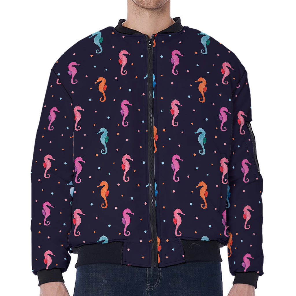 Colorful Seahorse Pattern Print Zip Sleeve Bomber Jacket