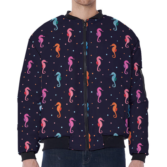 Colorful Seahorse Pattern Print Zip Sleeve Bomber Jacket