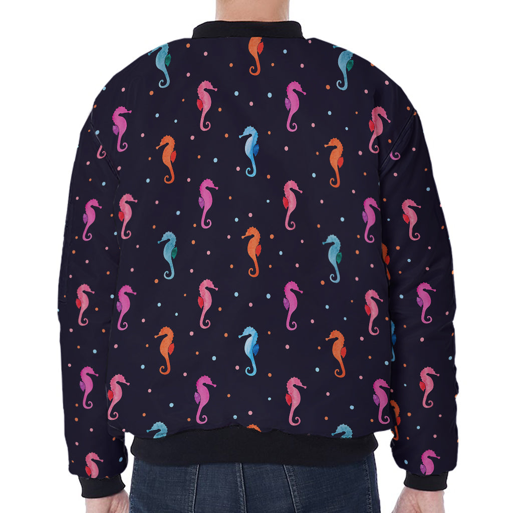 Colorful Seahorse Pattern Print Zip Sleeve Bomber Jacket