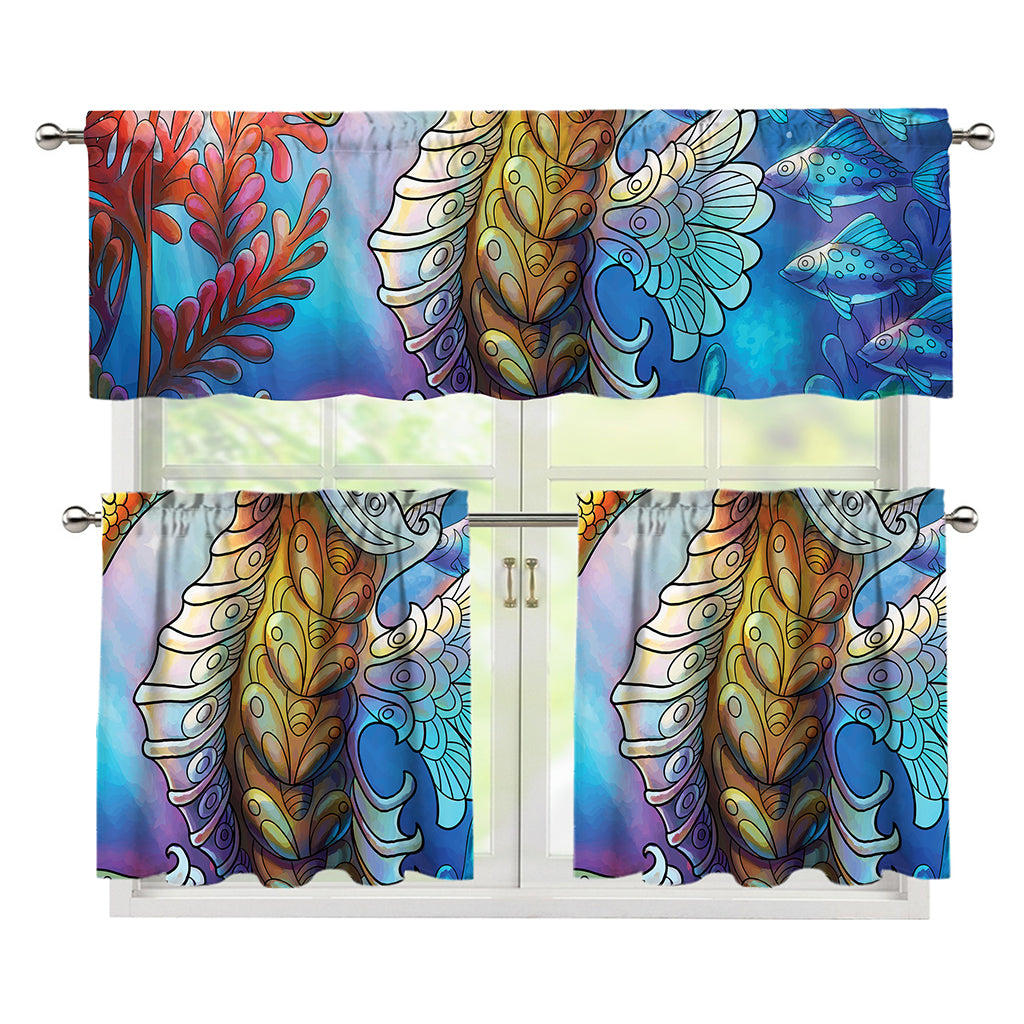 Colorful Seahorse Print 3 Piece Kitchen Curtains