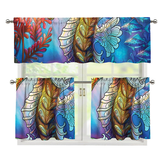 Colorful Seahorse Print 3 Piece Kitchen Curtains