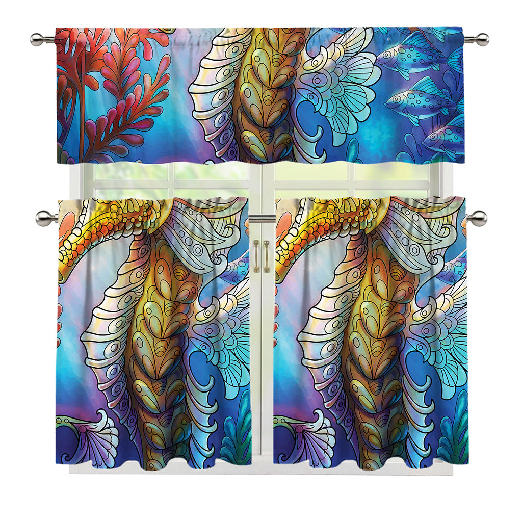 Colorful Seahorse Print 3 Piece Kitchen Curtains