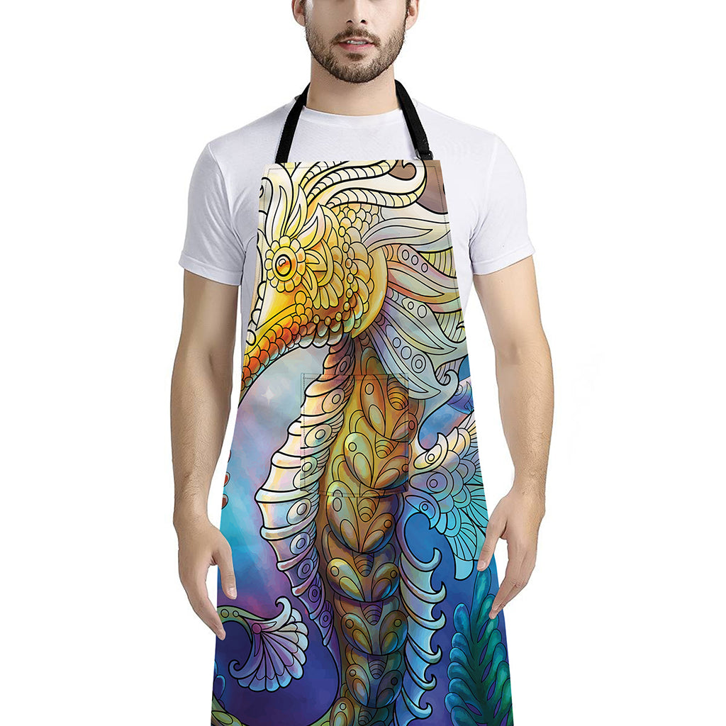 Colorful Seahorse Print Bib Apron With Pocket