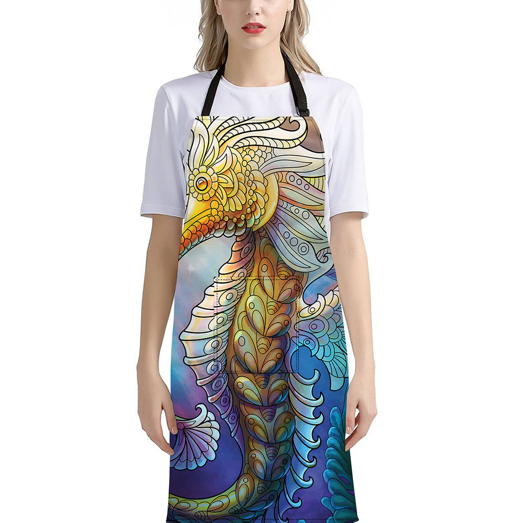 Colorful Seahorse Print Bib Apron With Pocket