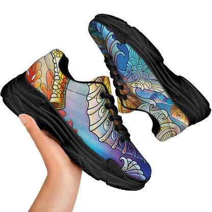 Colorful Seahorse Print Black Chunky Shoes