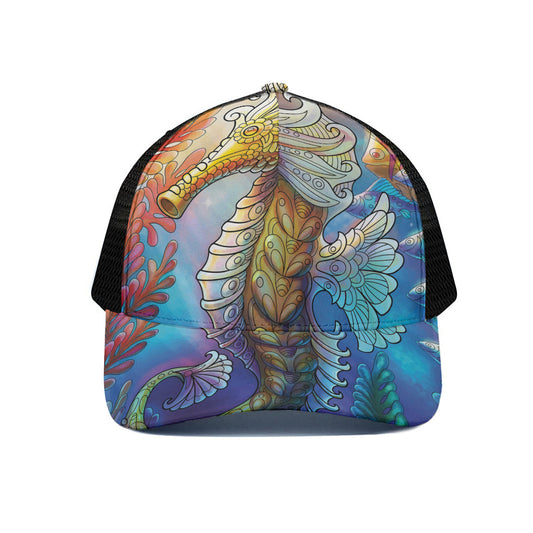 Colorful Seahorse Print Black Mesh Trucker Cap