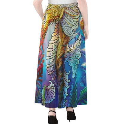 Colorful Seahorse Print Chiffon Maxi Skirt