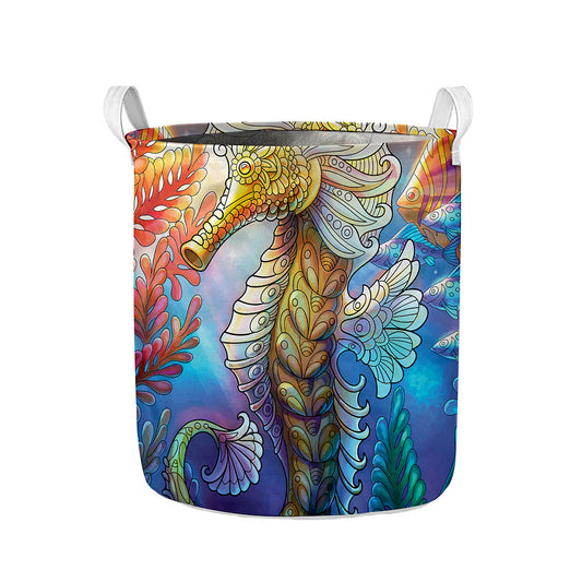Colorful Seahorse Print Collapsible Laundry Basket