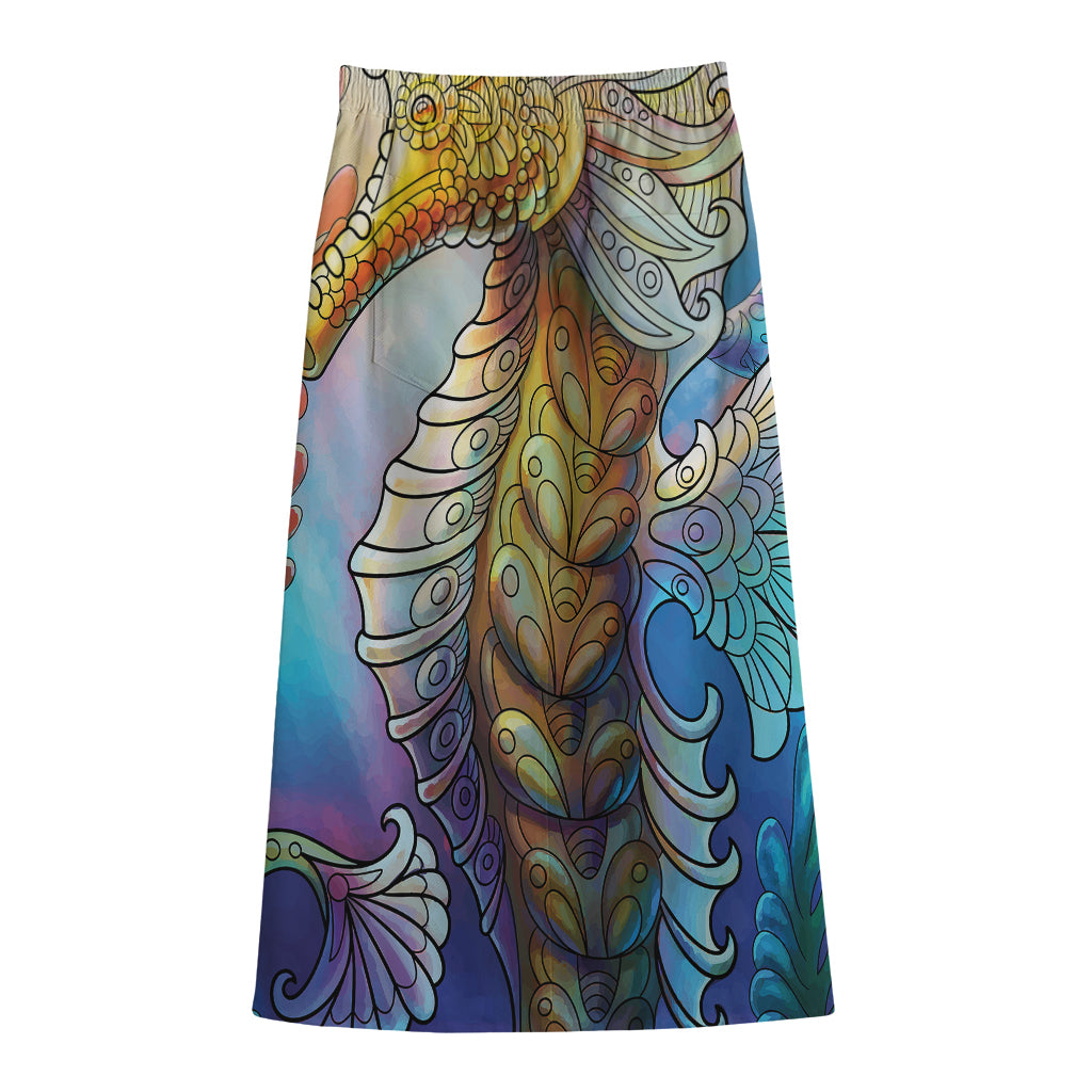Colorful Seahorse Print Cotton Front Slit Maxi Skirt