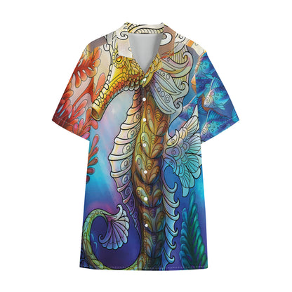 Colorful Seahorse Print Cotton Hawaiian Shirt