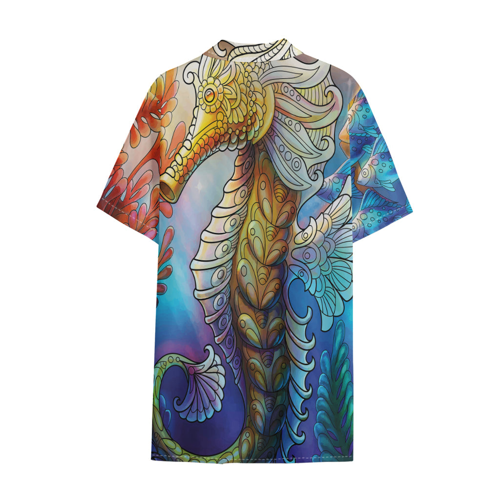 Colorful Seahorse Print Cotton Hawaiian Shirt