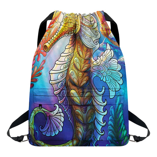 Colorful Seahorse Print Drawstring Backpack
