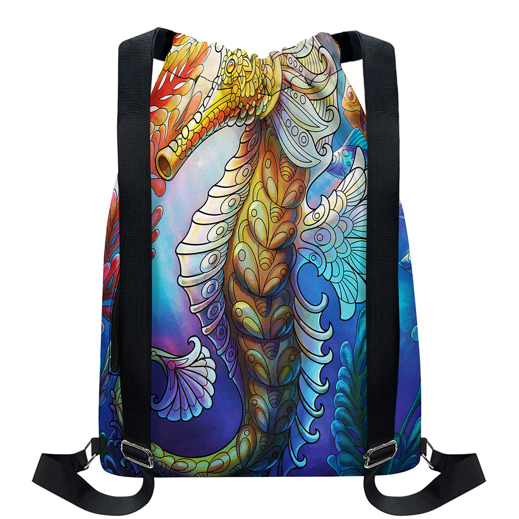 Colorful Seahorse Print Drawstring Backpack