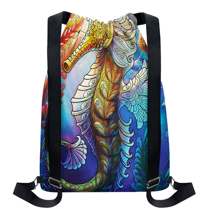 Colorful Seahorse Print Drawstring Backpack