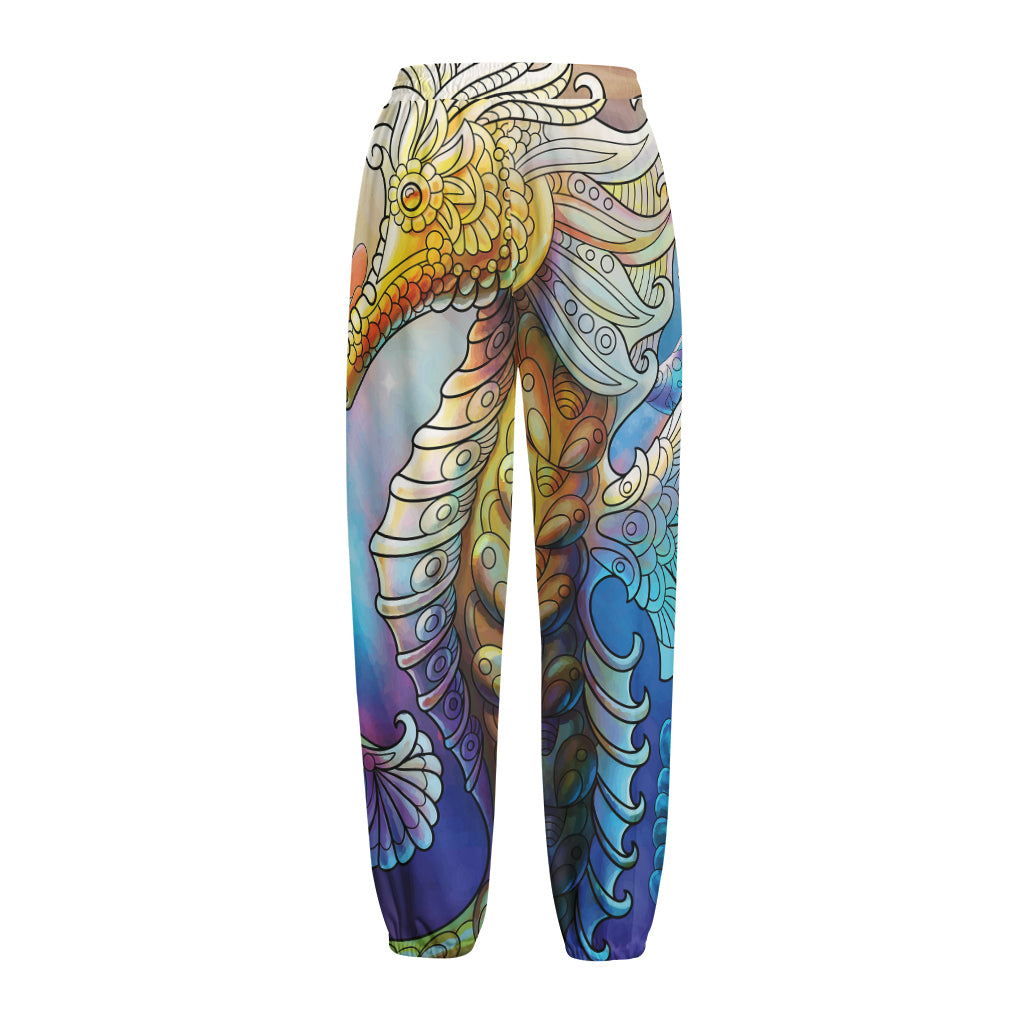 Colorful Seahorse Print Fleece Lined Knit Pants