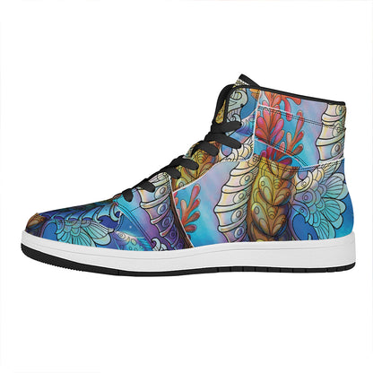 Colorful Seahorse Print High Top Leather Sneakers