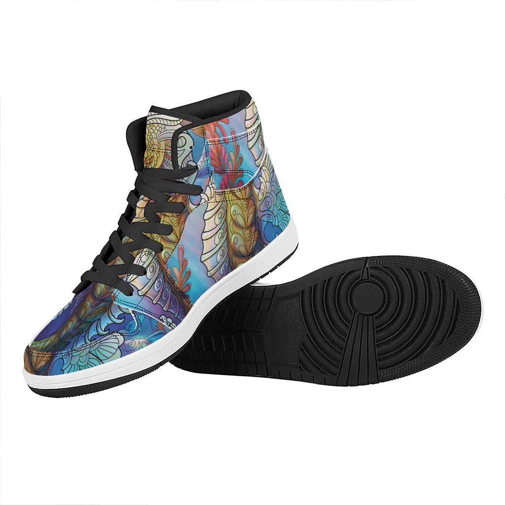 Colorful Seahorse Print High Top Leather Sneakers
