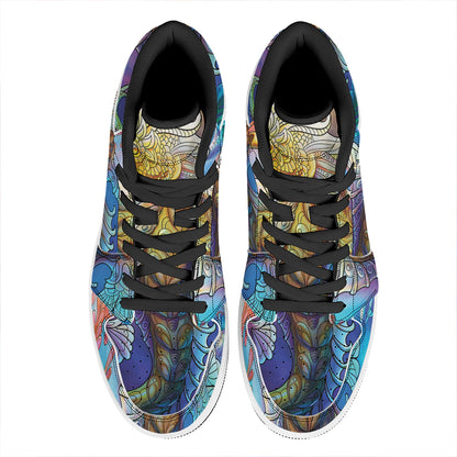 Colorful Seahorse Print High Top Leather Sneakers