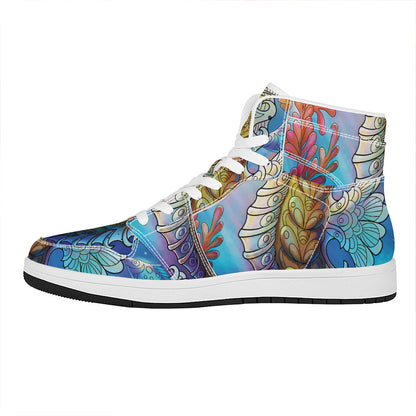 Colorful Seahorse Print High Top Leather Sneakers