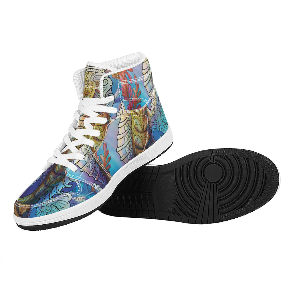 Colorful Seahorse Print High Top Leather Sneakers