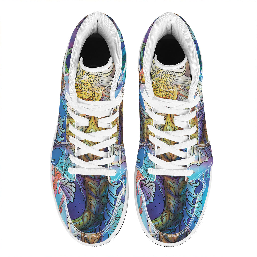 Colorful Seahorse Print High Top Leather Sneakers