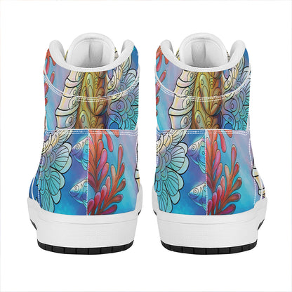 Colorful Seahorse Print High Top Leather Sneakers