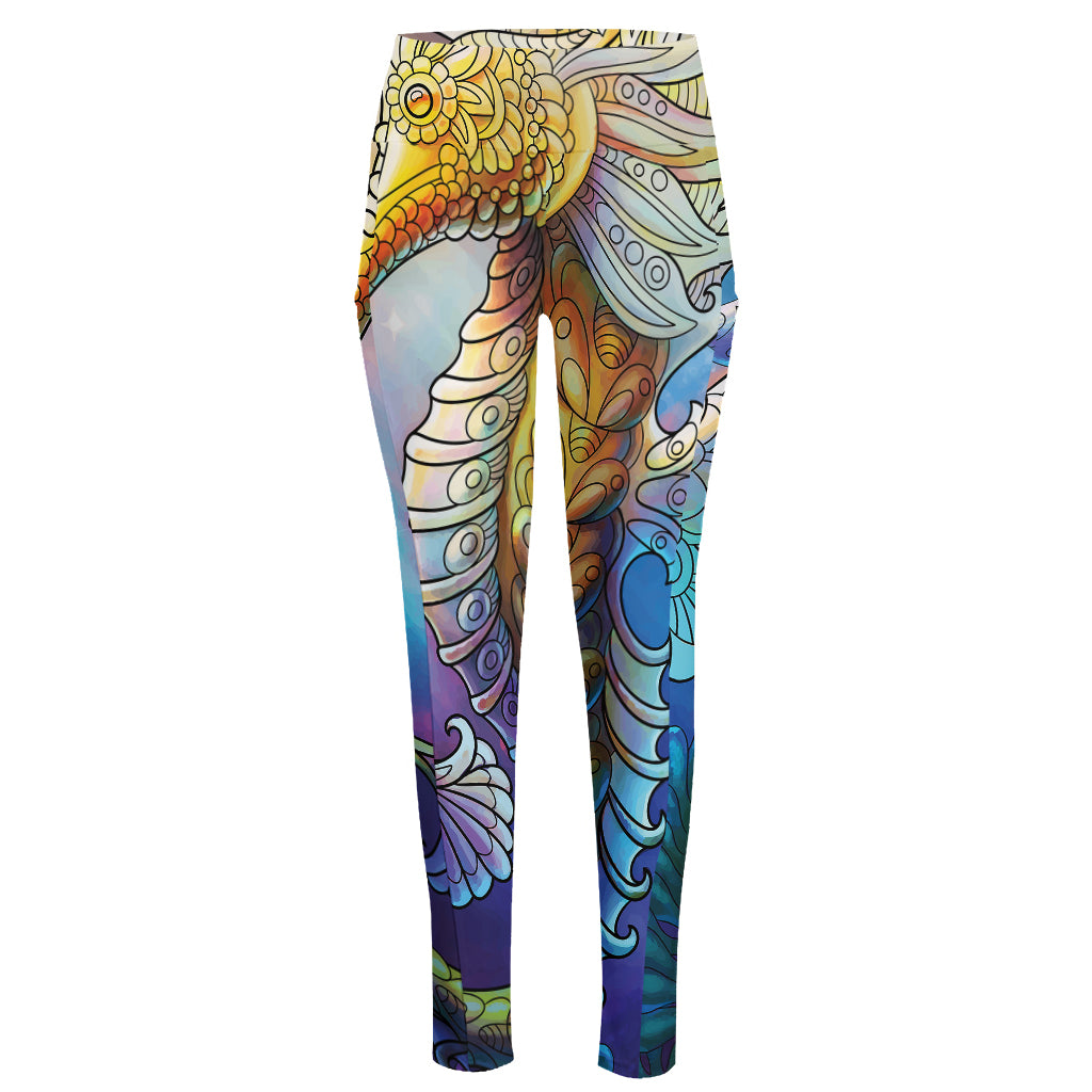Colorful Seahorse Print High-Waisted Pocket Leggings