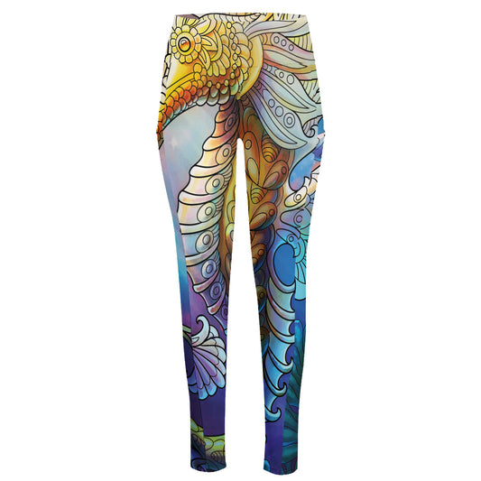 Colorful Seahorse Print High-Waisted Pocket Leggings