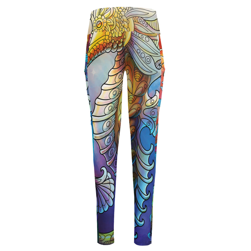 Colorful Seahorse Print High-Waisted Pocket Leggings