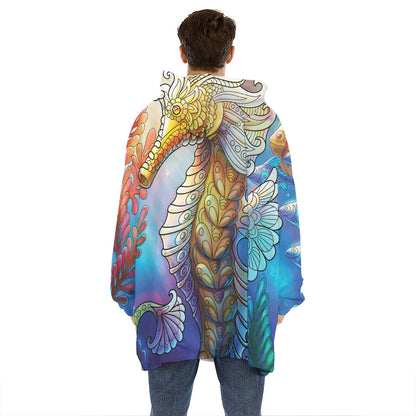 Colorful Seahorse Print Hoodie Blanket