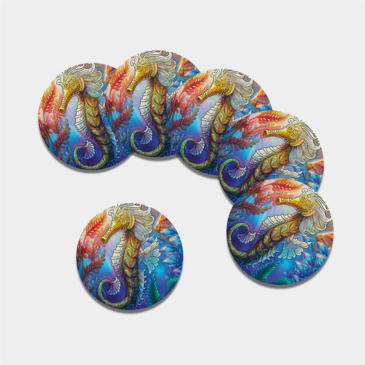 Colorful Seahorse Print Leather Coaster Set