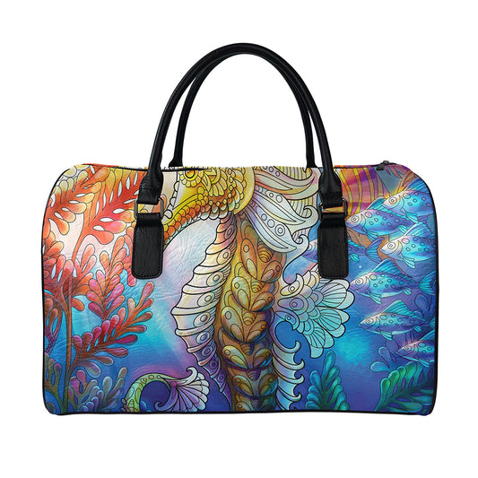 Colorful Seahorse Print Leather Duffle Bag