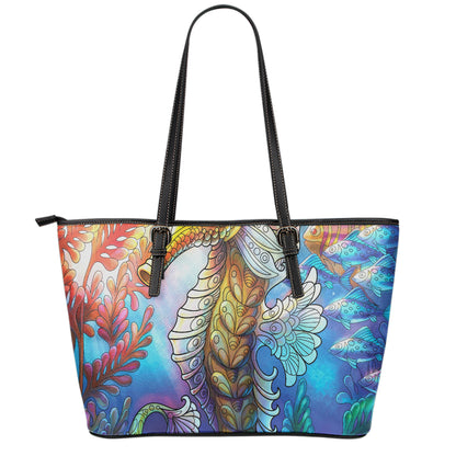 Colorful Seahorse Print Leather Tote Bag