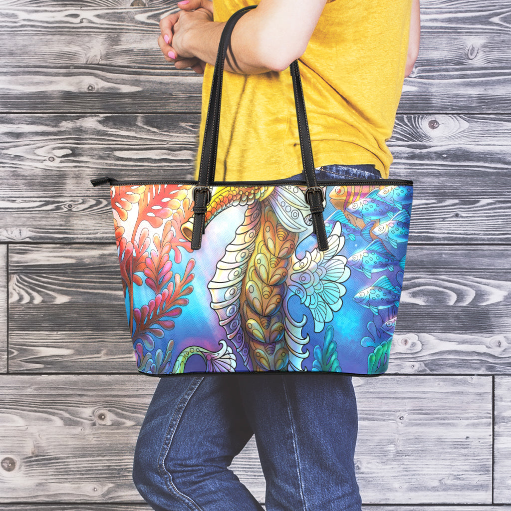 Colorful Seahorse Print Leather Tote Bag
