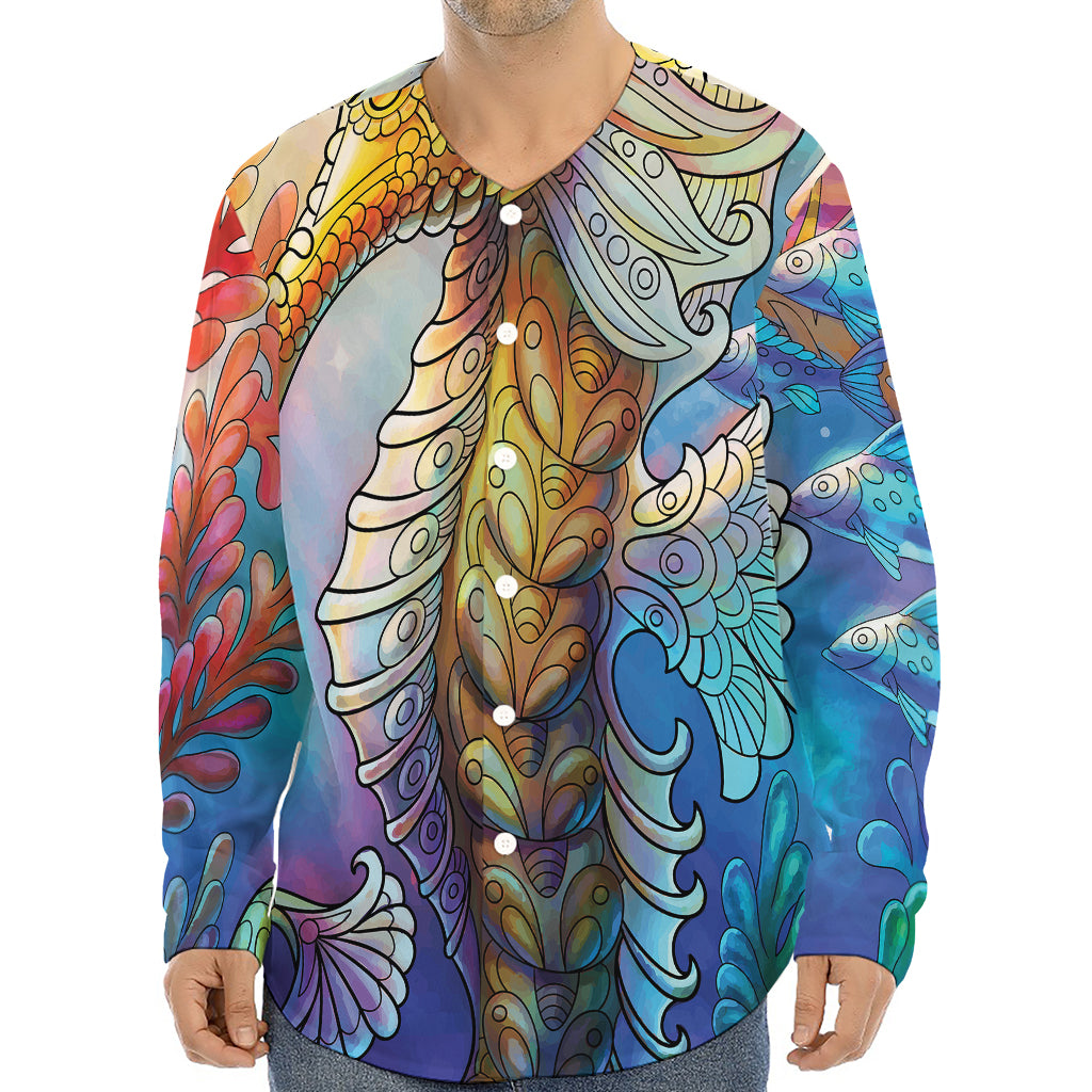 Colorful Seahorse Print Long Sleeve Baseball Jersey