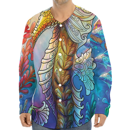Colorful Seahorse Print Long Sleeve Baseball Jersey