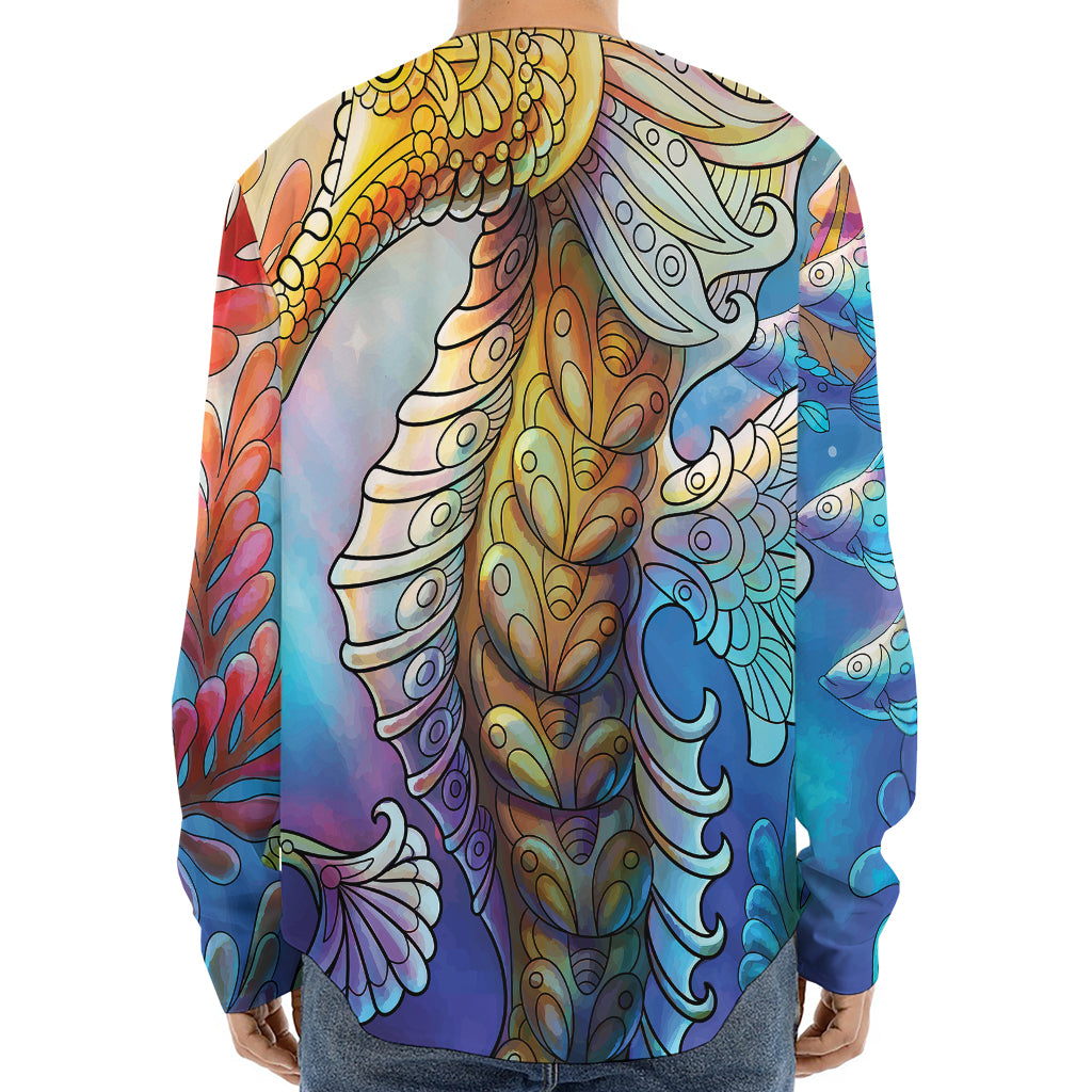 Colorful Seahorse Print Long Sleeve Baseball Jersey
