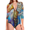 Colorful Seahorse Print Long Sleeve Swimsuit