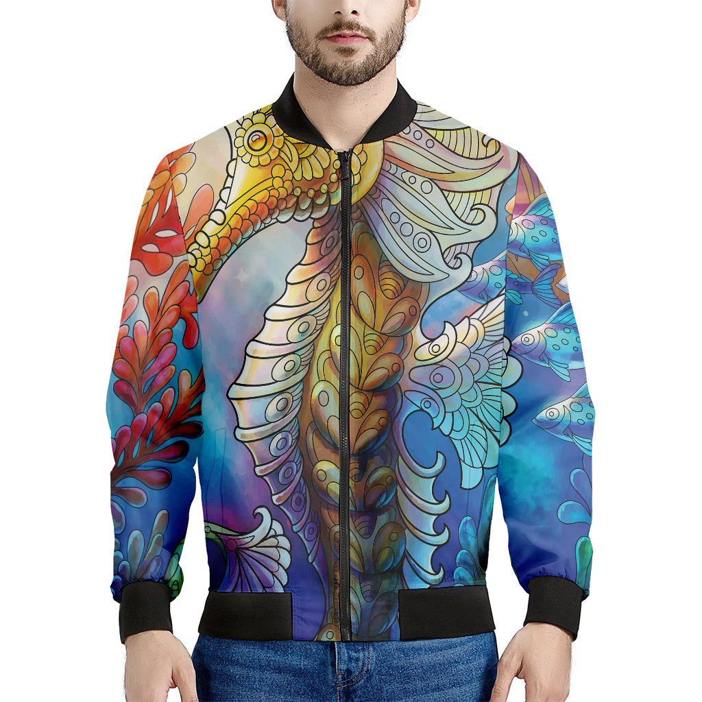 Colorful Seahorse Print Men's Bomber Jacket