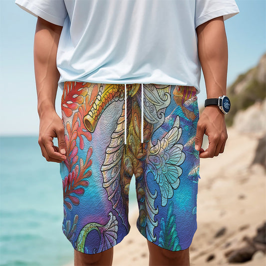 Colorful Seahorse Print Men's Cargo Shorts