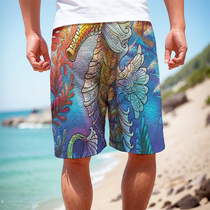 Colorful Seahorse Print Men's Cargo Shorts
