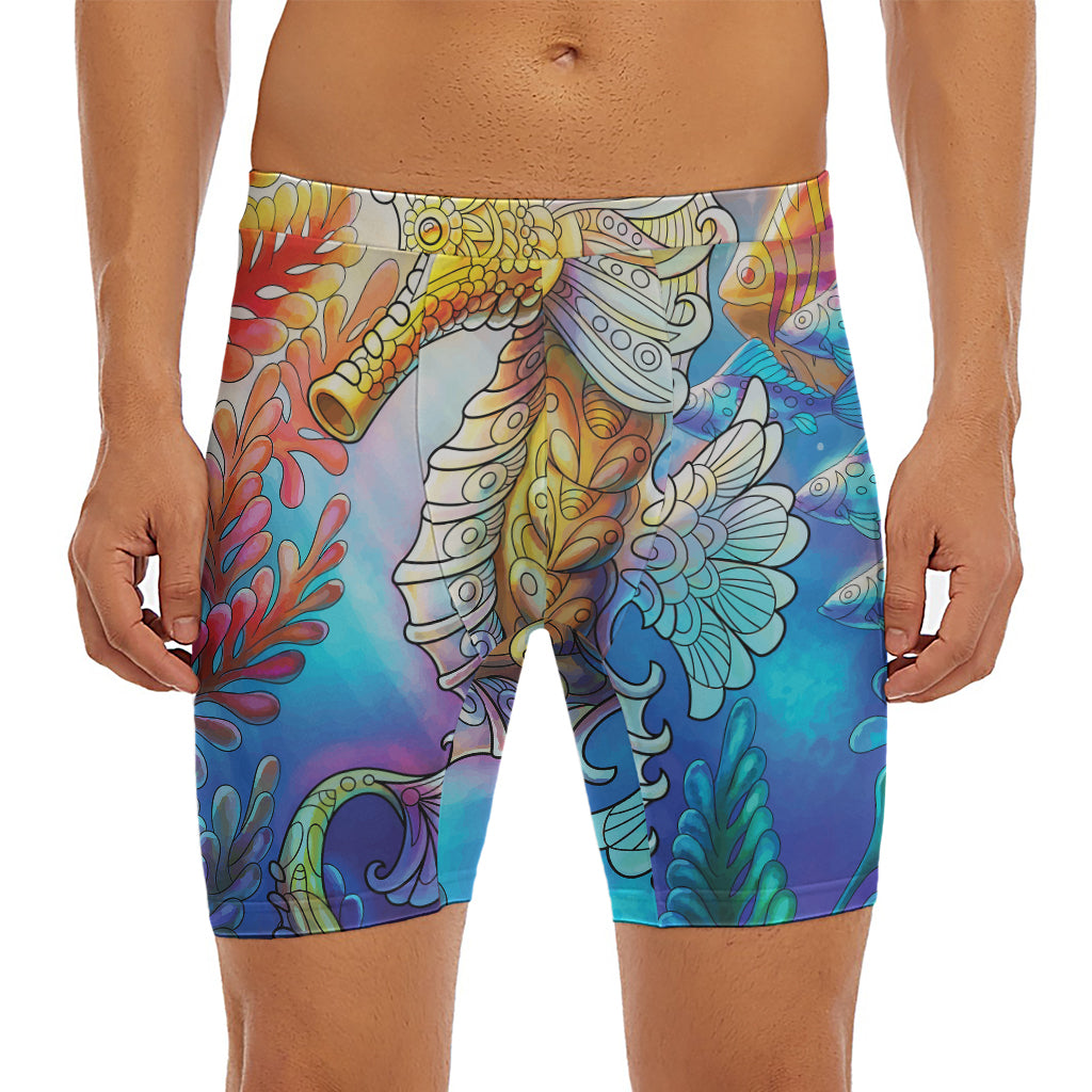 Colorful Seahorse Print Men's Long Boxer Briefs